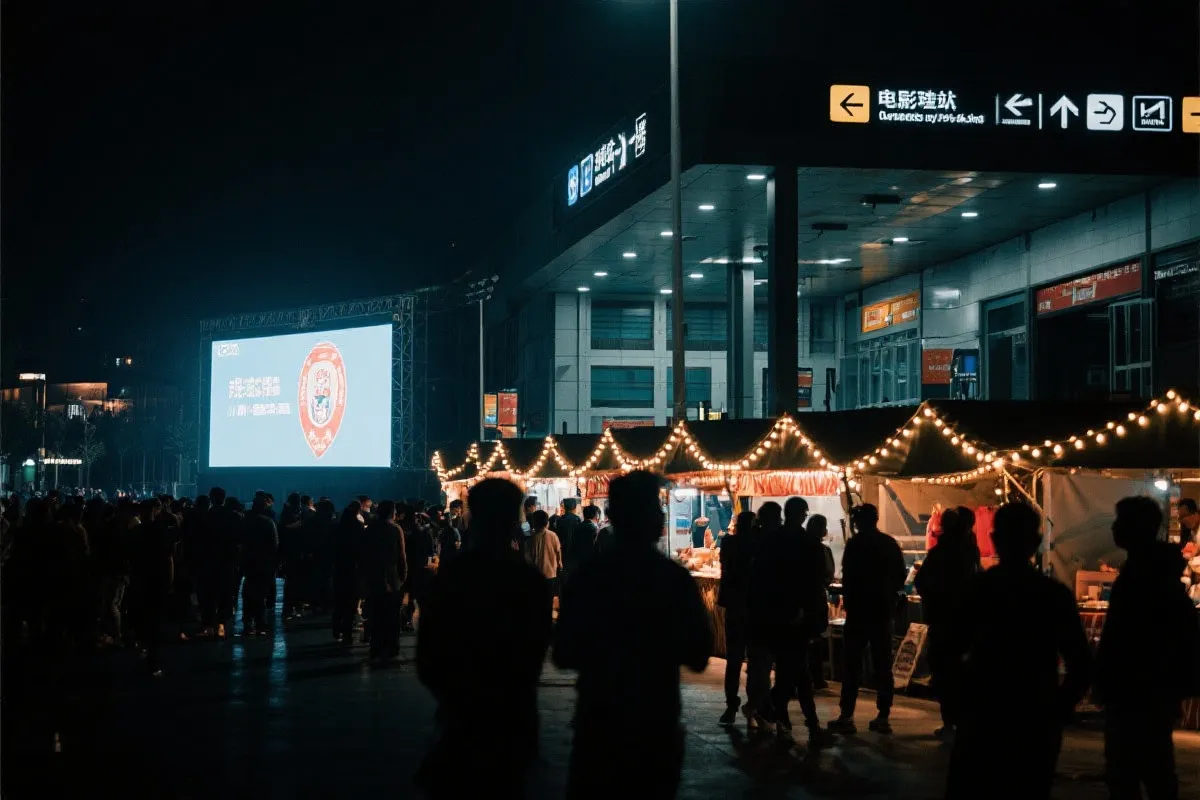 费城球迷广场夜景：大屏观赛人群、步行指示牌与公共交通入口
